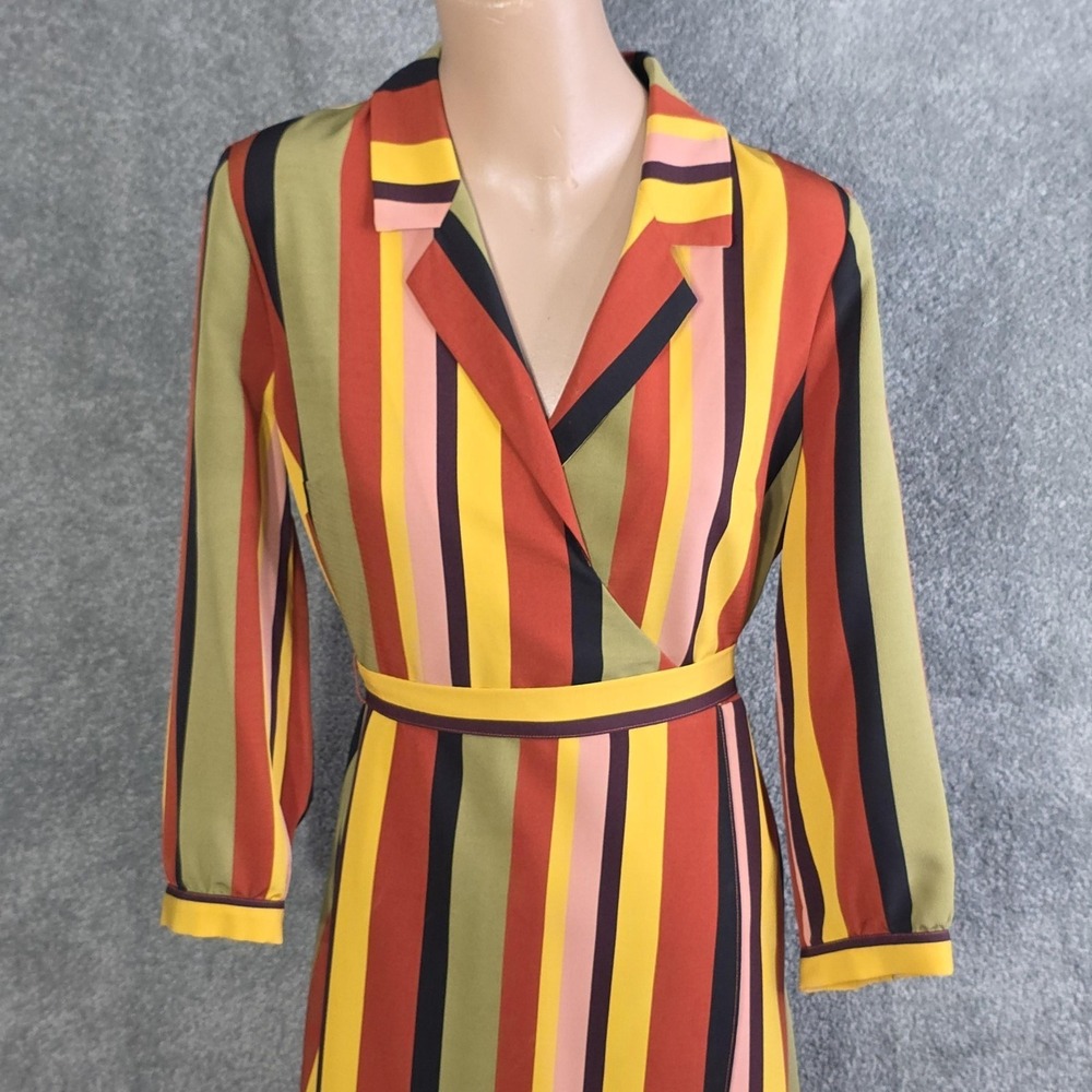 MADISON Striped Wrap Shirt Dress Womens Medium Midi Belted 3/4 Sleeve Multicolor - Picture 6 of 9